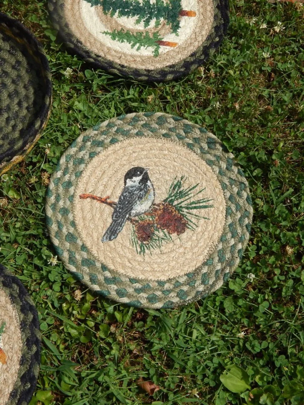 Nature Themed Lot of 7 Jute Woven Braided Mats Decorative w/Holder